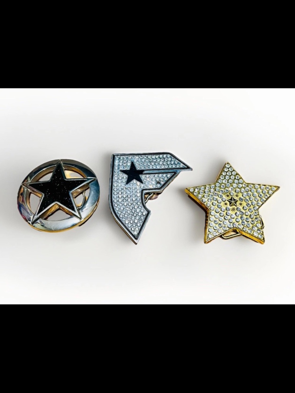 Rhinestone Star Belt Buckle Trio - Silver & Gold Texas stars and Famous